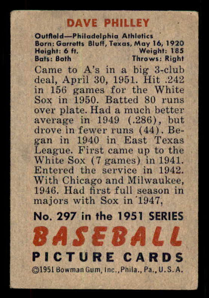 1951 Bowman Baseball #297 Dave Philley A's VG-EX 556232