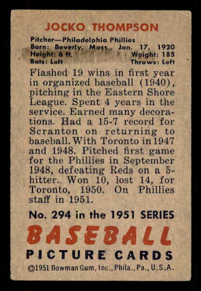 1951 Bowman Baseball #294 Jocko Thompson Phillies VG-EX 556233