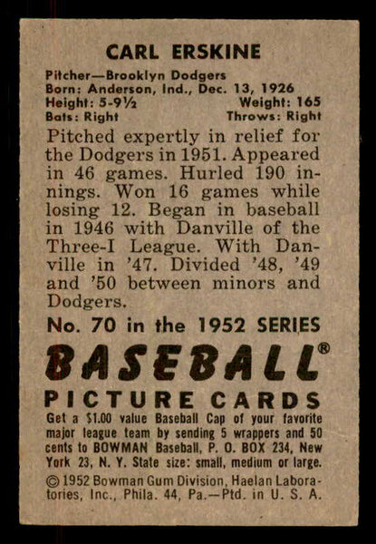 1952 Bowman Baseball #070 Carl Erskine Dodgers EX+/EX-MT 556237