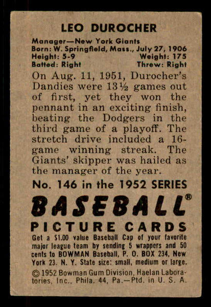 1952 Bowman Baseball #146 Leo Durocher Giants EX 556239