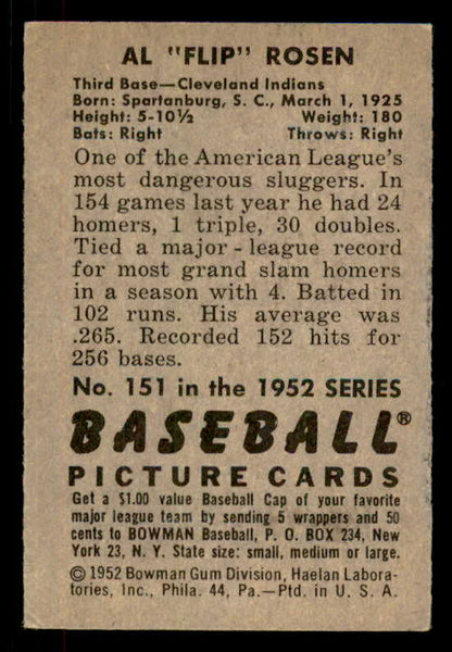 1952 Bowman Baseball #151 Al Rosen Indians EX 556240