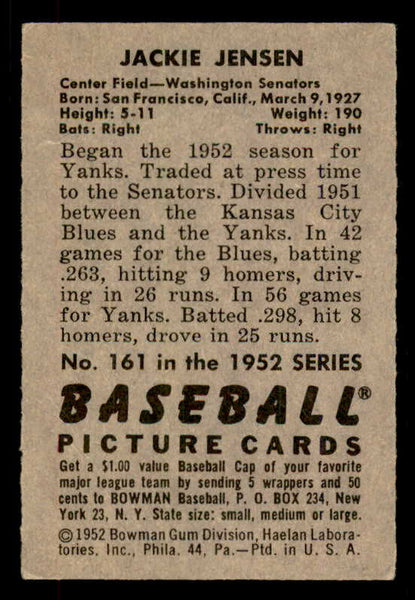 1952 Bowman Baseball #161 Jackie Jensen Senators EX 556241
