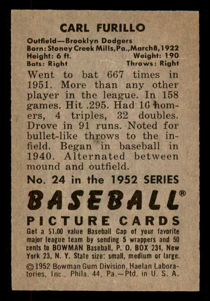 1952 Bowman Baseball #024 Carl Furillo Dodgers EX-MT 556244