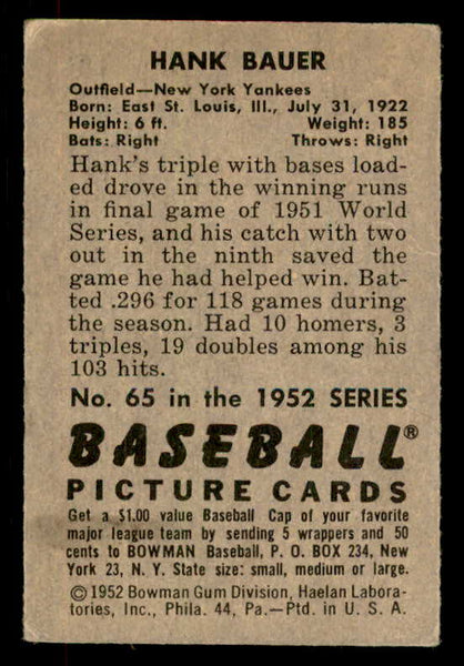 1952 Bowman Baseball #065 Hank Bauer Yankees VG-EX 556246