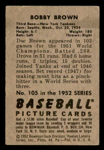 1952 Bowman Baseball #105 Bobby Brown Yankees VG-EX 556247