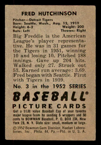 1952 Bowman Baseball #003 Fred Hutchinson Tigers VG-EX 556248