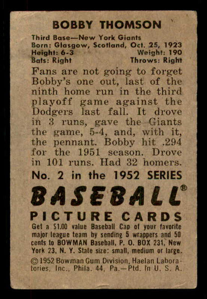 1952 Bowman Baseball #002 Bobby Thomson Giants VG-EX 556249