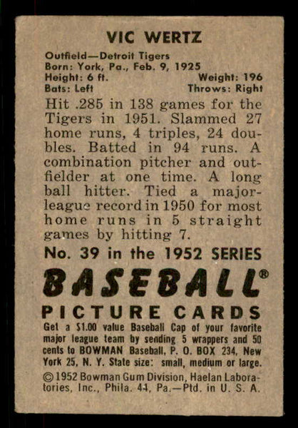 1952 Bowman Baseball #039 Vic Wertz Tigers VG-EX 556250