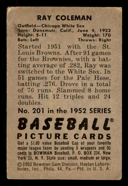 1952 Bowman Baseball #201 Ray Coleman White Sox VG-EX 556251