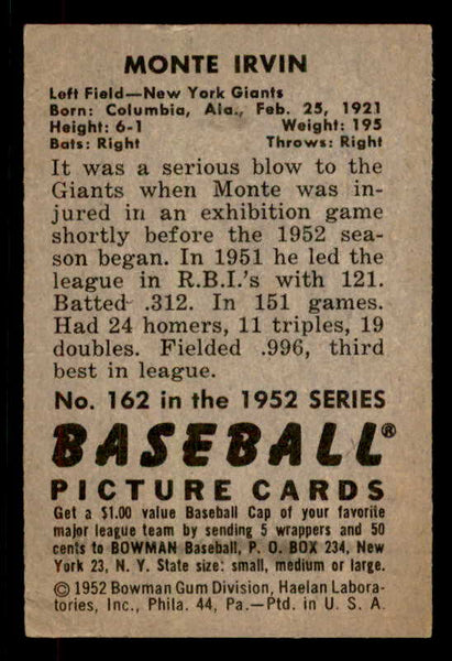 1952 Bowman Baseball #162 Monte Irvin Giants VG-EX 556253