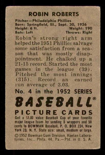 1952 Bowman Baseball #004 Robin Roberts Phillies VG-EX 556254