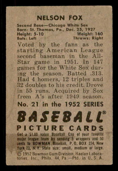 1952 Bowman Baseball #021 Nellie Fox White Sox VG-EX 556258