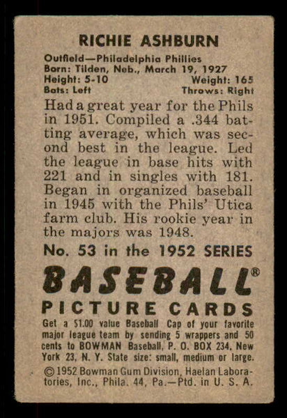 1952 Bowman Baseball #053 Richie Ashburn Phillies VG-EX 556261