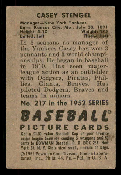 1952 Bowman Baseball #217 Casey Stengel Yankees EX+/EX-MT 556262