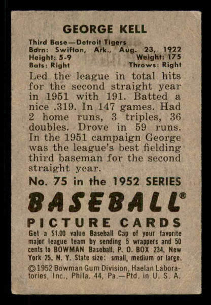 1952 Bowman Baseball #075 George Kell Tigers EX+/EX-MT 556263