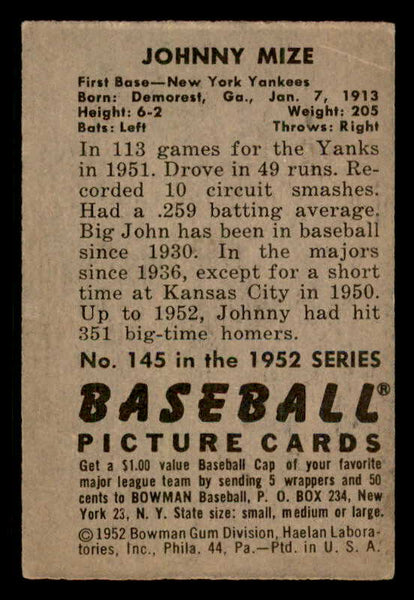 1952 Bowman Baseball #145 Johnny Mize Yankees EX 556264