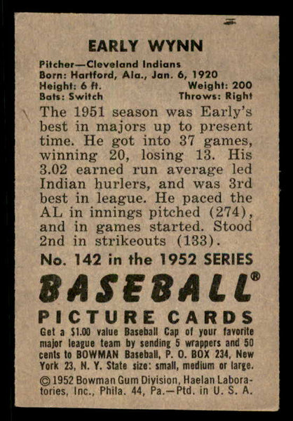 1952 Bowman Baseball #142 Early Wynn Indians EX-MT 556265