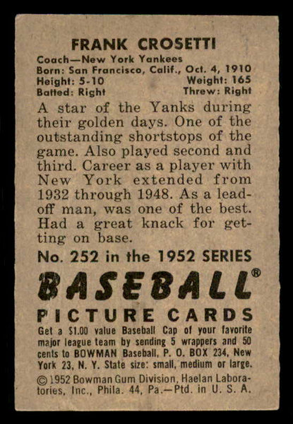 1952 Bowman Baseball #252 Frank Crosetti Yankees EX-MT 556268