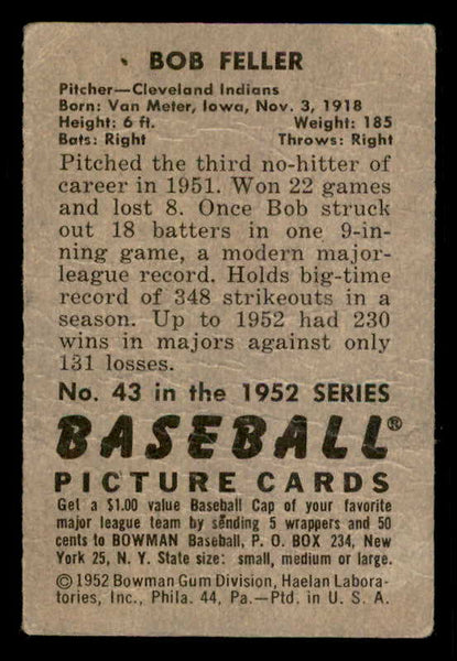 1952 Bowman Baseball #043 Bob Feller Indians Fair 556269