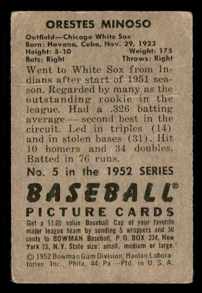 1952 Bowman Baseball #005 Minnie Minoso White Sox Fair 556272