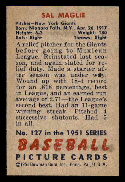 1951 Bowman Baseball #127 Sal Maglie Giants EX-MT 556275