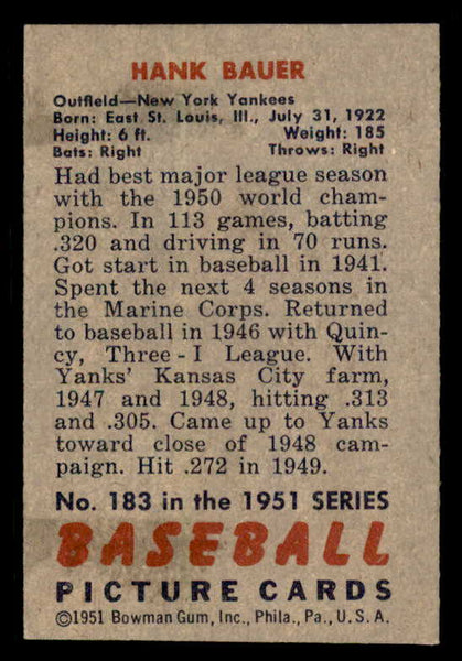 1951 Bowman Baseball #183 Hank Bauer Yankees EX 556276