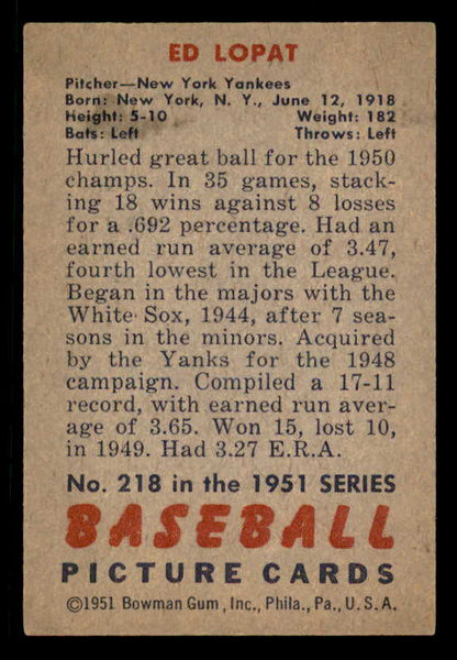 1951 Bowman Baseball #218 Eddie Lopat Yankees EX-MT 556281