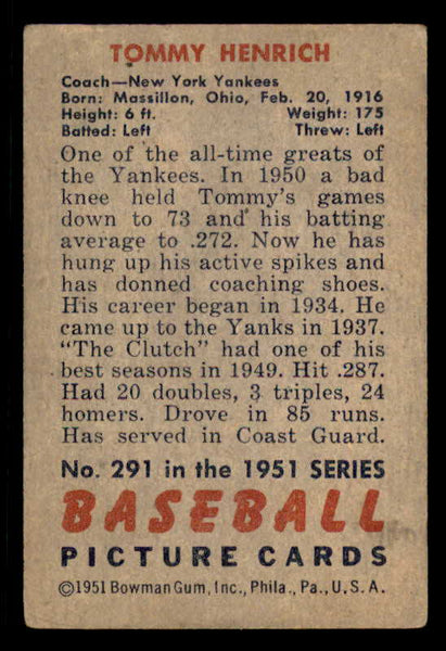 1951 Bowman Baseball #291 Tommy Henrich Yankees VG 556283