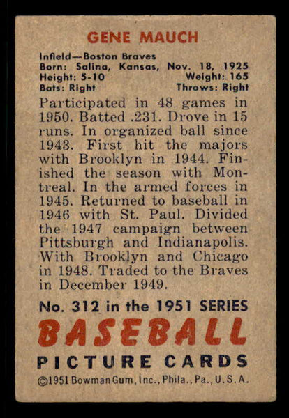1951 Bowman Baseball #312 Gene Mauch Braves VG-EX 556284