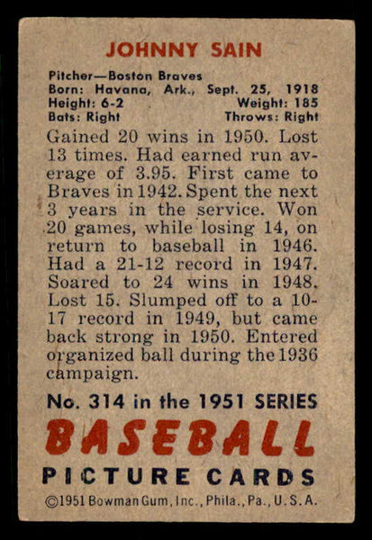 1951 Bowman Baseball #314 Johnny Sain Braves EX 556285