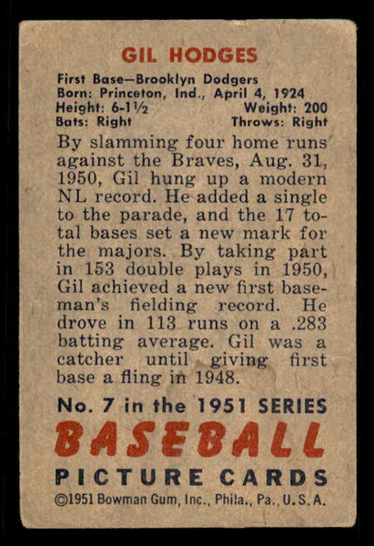 1951 Bowman Baseball #007 Gil Hodges Dodgers VG 556289