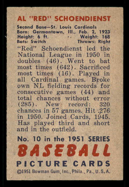 1951 Bowman Baseball #010 Red Schoendienst Cardinals EX 556290