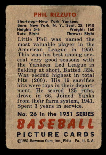1951 Bowman Baseball #026 Phil Rizzuto Yankees Fair 556291