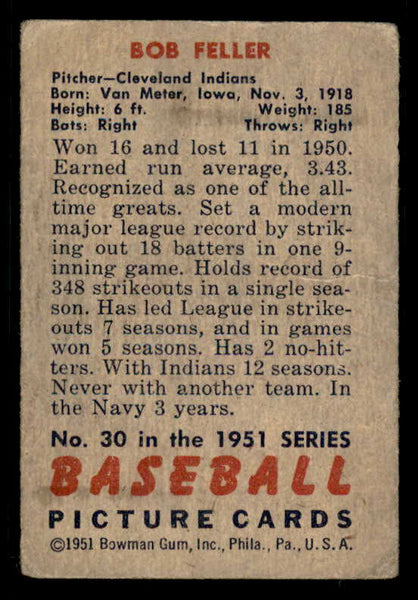 1951 Bowman Baseball #030 Bob Feller Indians Good 556292