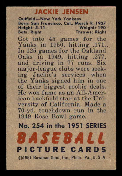 1951 Bowman Baseball #254 Jackie Jensen Yankees EX 556300