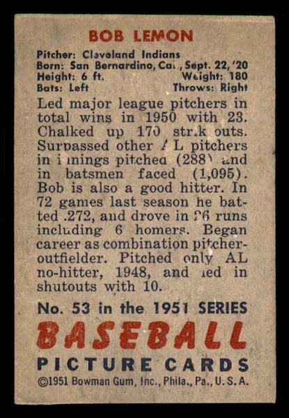 1951 Bowman Baseball #053 Bob Lemon Indians VG-EX 556301