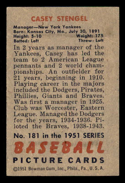 1951 Bowman Baseball #181 Casey Stengel Yankees FR-GD 556302