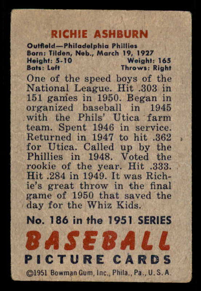 1951 Bowman Baseball #186 Richie Ashburn Phillies GD-VG 556303