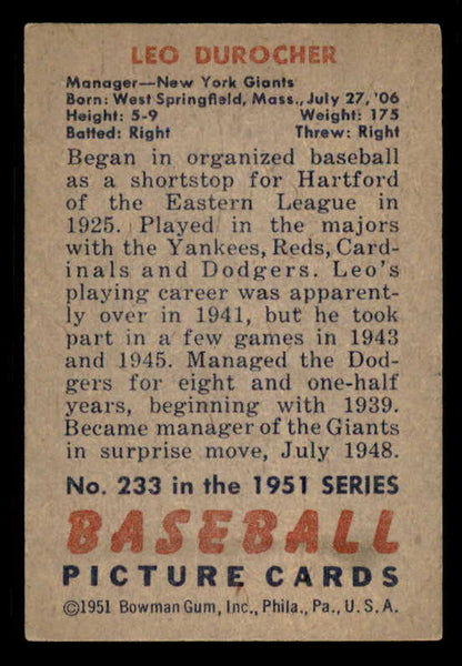 1951 Bowman Baseball #233 Leo Durocher Giants VG-EX 556305