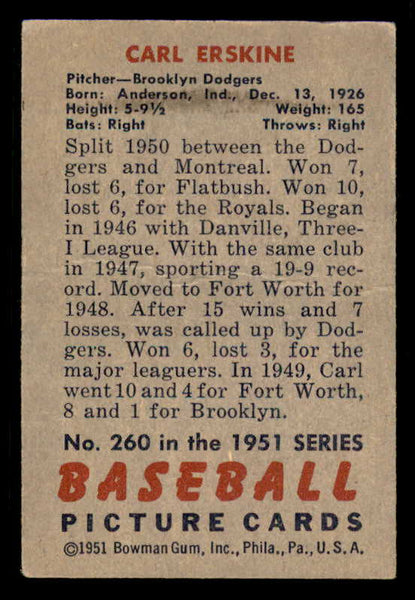 1951 Bowman Baseball #260 Carl Erskine Dodgers EX+/EX-MT 556306