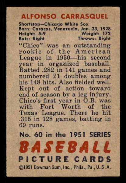 1951 Bowman Baseball #060 Chico Carrasquel White Sox EX+ 556307