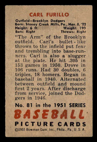 1951 Bowman Baseball #081 Carl Furillo Dodgers EX-MT 556312