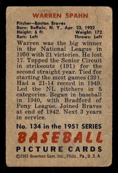 1951 Bowman Baseball #134 Warren Spahn Braves Good 556316