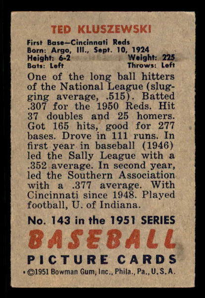 1951 Bowman Baseball #143 Ted Kluszewski Reds EX-MT 556317