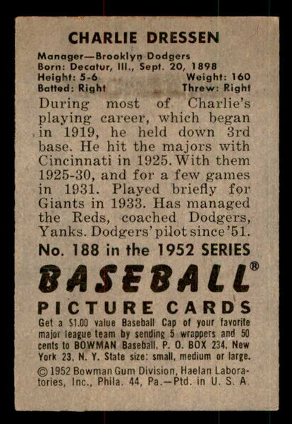 1952 Bowman Baseball #188 Chuck Dressen Dodgers VG-EX 556319