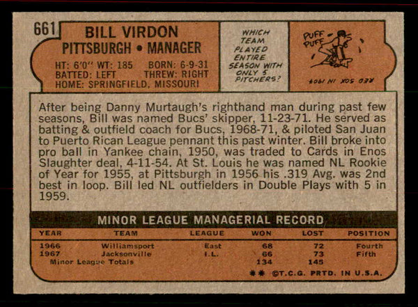 1972 Topps Baseball #661 Bill Virdon Pirates EX-MT 556324