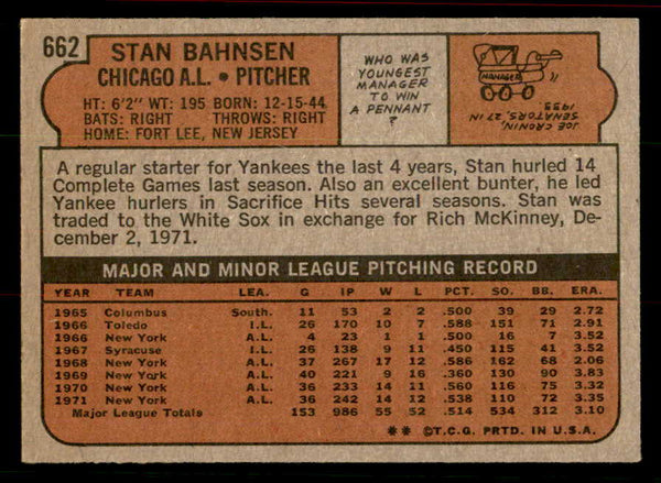 1972 Topps Baseball #662 Stan Bahnsen White Sox EX-MT 556325