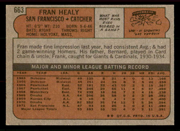 1972 Topps Baseball #663 Fran Healy Giants EX-MT 556326