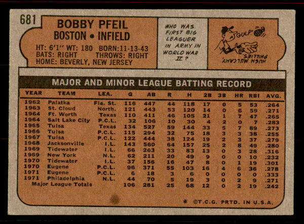 1972 Topps Baseball #681 Bobby Pfeil Red Sox EX-MT 556332