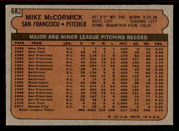 1972 Topps Baseball #682 Mike McCormick Giants EX-MT 556333